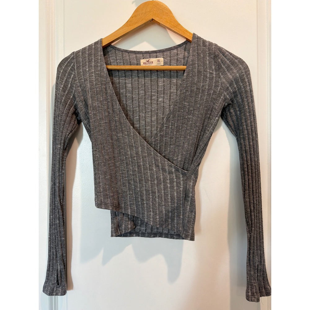 Hollister Grey Ribbed Wrap Top Long Sleeve Thumbhole Y2K XS